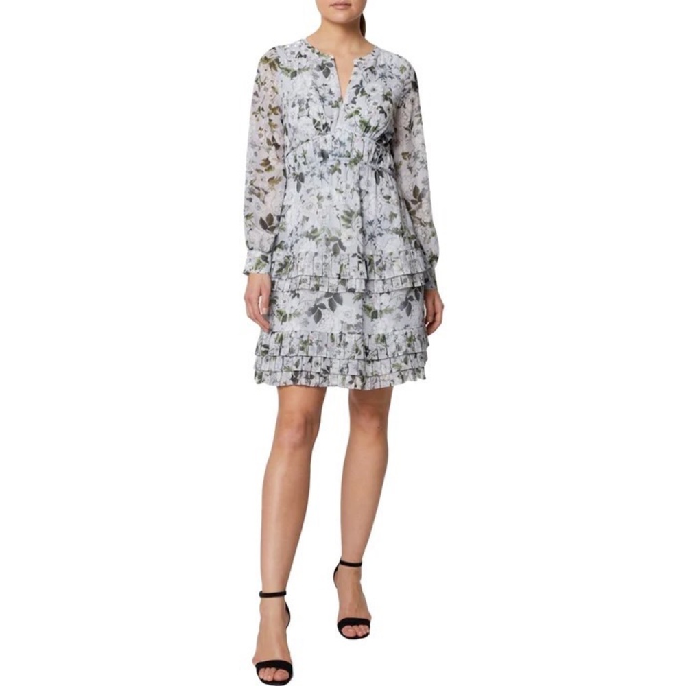 Laundry ruched waist, chiffon floral tiered dress